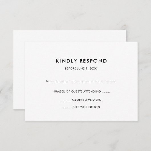 シンプルの基本的な白黒の食事の選択 出欠カード (正面/裏面)