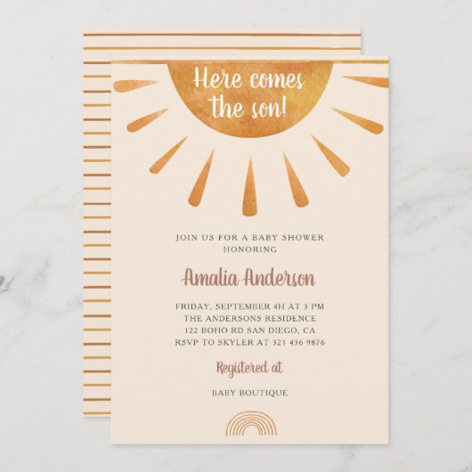 シンプルの水の色こ来この息子の赤ちゃんシャワー 招待状 (正面/裏面)