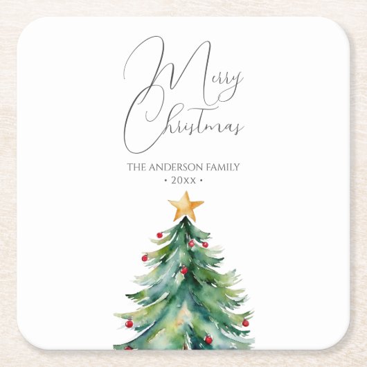 シンプルの水の色クリスマスツリーメリークリスマス スクエアペーパーコースター (正面)