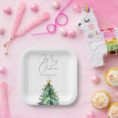 シンプルの水の色クリスマスツリーメリークリスマス ペーパープレート (パーティー)