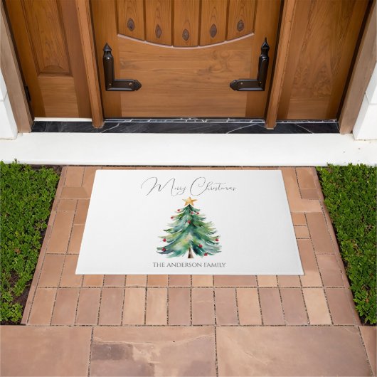 シンプルの水の色メリークリスマスツリーウェルカム ドアマット (室外)