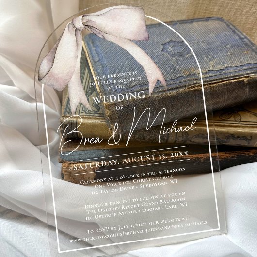 シンプルの水彩白エレガント弓結婚アーチ アクリル招待状