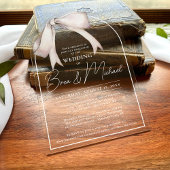 シンプルの水彩白エレガント弓結婚アーチ アクリル招待状