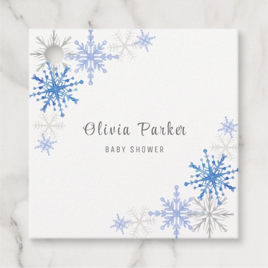 シンプルの水彩雪の結晶の冬の赤ちゃんシャワー フェイバータグ (正面)