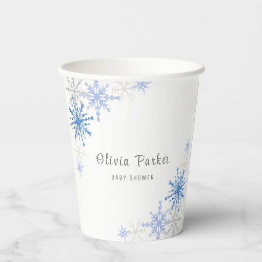 シンプルの水彩雪の結晶の冬の赤ちゃんシャワー 紙コップ (裏面)