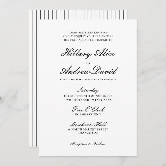 シンプルの白エレガントと黒結婚の 招待状 (正面/裏面)