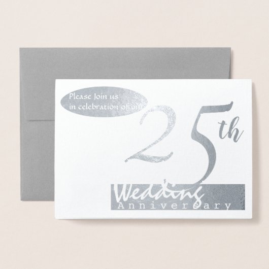シンプルの第25銀製の結婚記念日の招待状 箔カード (封筒付き正面)