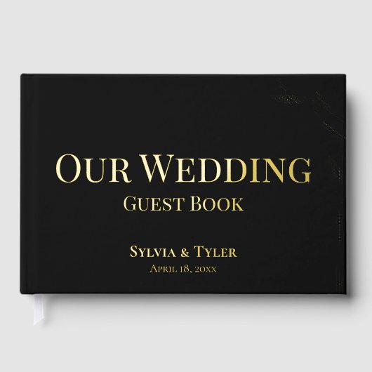 シンプルの葉の黒い金結婚箔 ゲストブック (正面)