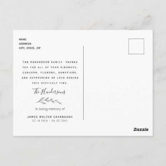 シンプルの葉茎葬儀お名前と日付 ポストカード (裏面)