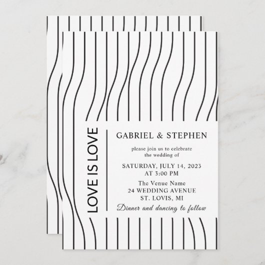 シンプルの黒と白のストライプモダンゲイ結婚 招待状 (正面/裏面)
