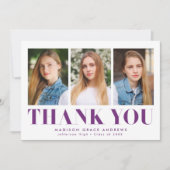 シンプルはっきりしたな紫色の3写真卒業 サンキューカード (正面)