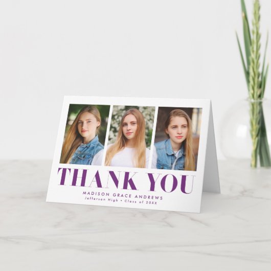シンプルはっきりしたな紫色の3写真卒業 サンキューカード (正面)