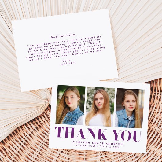 シンプルはっきりしたな紫色の3写真卒業 サンキューカード