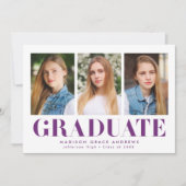 シンプルはっきりしたな紫色の3写真卒業 案内状 (正面)