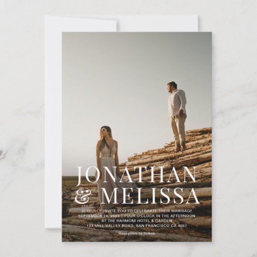 シンプルはっきりしたエレガントタイポグラフィ写真結婚s 招待状 (正面)