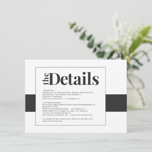 シンプルはっきりしたミニマル黒と白の結婚詳細 エンクロージャーカード (スタンド正面)