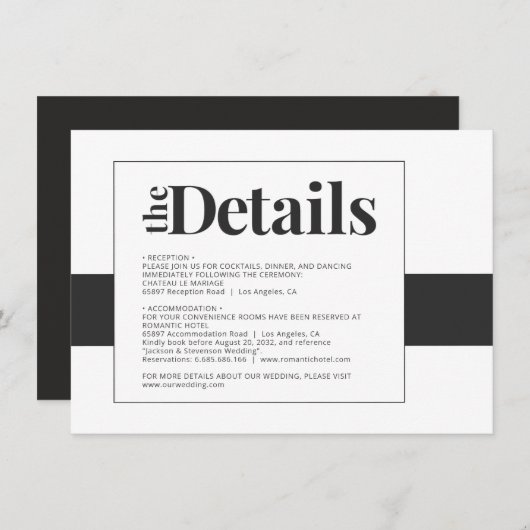 シンプルはっきりしたミニマル黒と白の結婚詳細 エンクロージャーカード (正面/裏面)