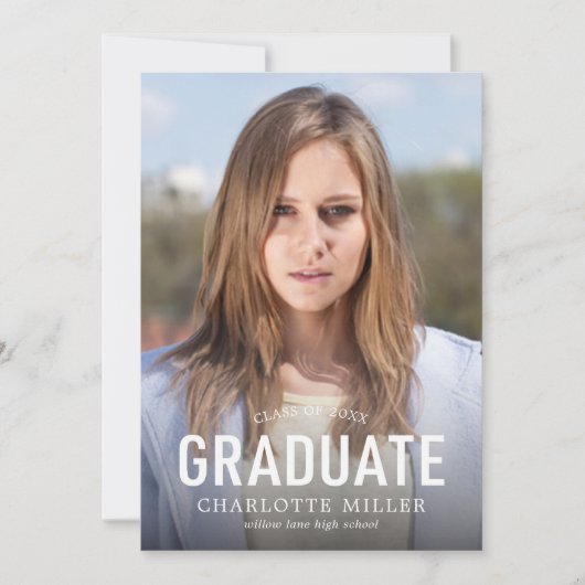 シンプルはっきりした写真卒業発表 案内状 (正面)