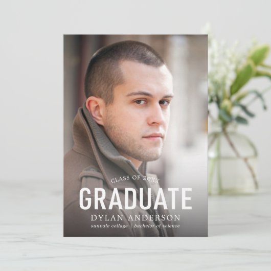 シンプルはっきりした写真卒業発表 案内状 (スタンド正面)