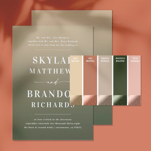 シンプルはっきりした名の名前が緑と金ゴールドグラデーション結婚の 招待状