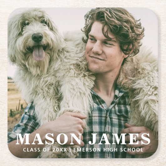 シンプルはっきりした名ガイ写真卒業 スクエアペーパーコースター (正面)