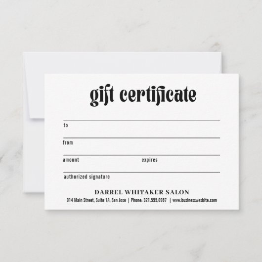 シンプルはっきりした黒モダン業ギフト証書 (裏面)