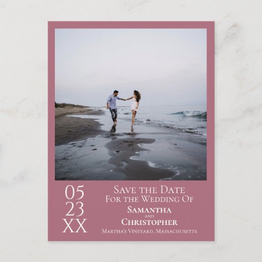 シンプルほこりっぽいバラ結婚式の日付写真を保存 ポストカード (正面)