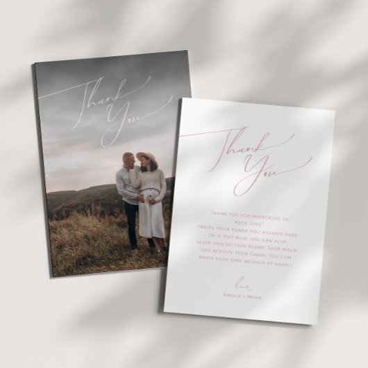 シンプルほこりっぽいバラ縦型フォトベビーシャワー サンキューカード