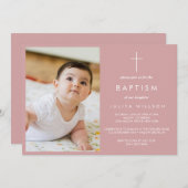 シンプルほこりっぽいピンクの洗礼写真 招待状 (正面/裏面)