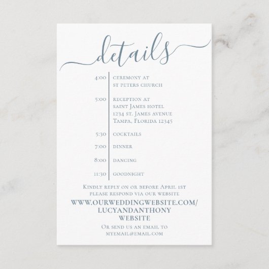 シンプルほこりっぽい青い書道詳細のタイムラインくもの巣 エンクロージャーカード (正面)