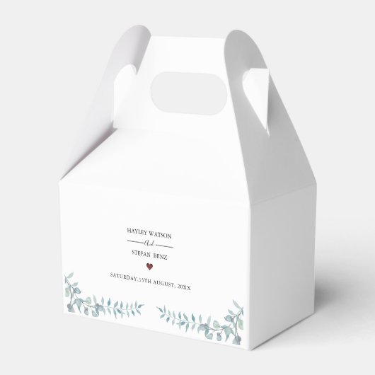 シンプルほこりっぽい青い水の色の結婚葉のケーキ フェイバーボックス (正面サイド)