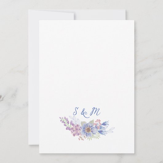 シンプルほこりっぽい青い水の色の花結婚の 招待状 (裏面)