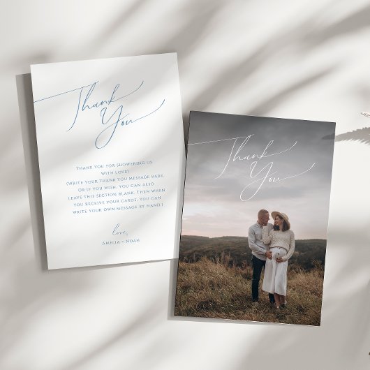 シンプルほこりっぽい青の縦写真ベビーシャワー サンキューカード