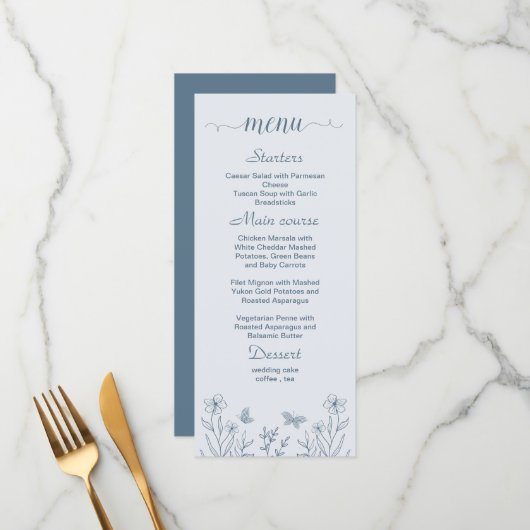 シンプルほこりっぽい青フローラ結婚ズ メニュー (正面/裏面インサイチュ)