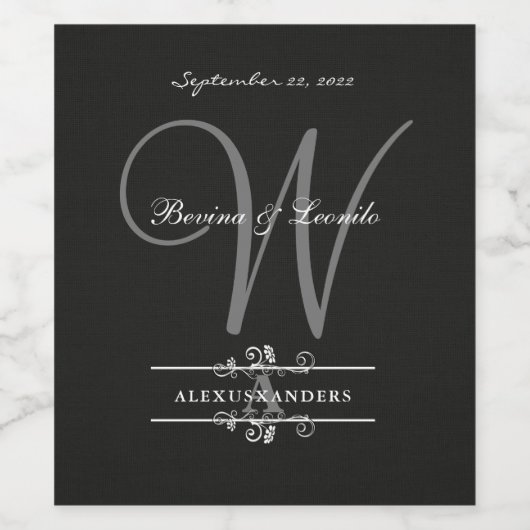 シンプルまだエレガント:ブラックリネンとモノグラムワインL ワインラベル (シングルラベル)