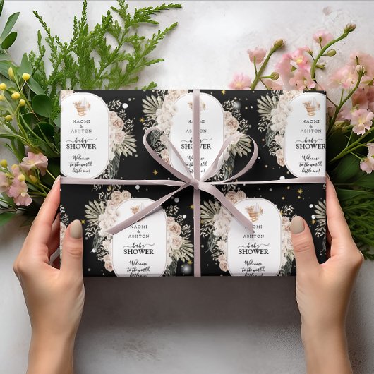 シンプルも可愛い赤ちゃんシャワーブラックグリッター ラッピングペーパー