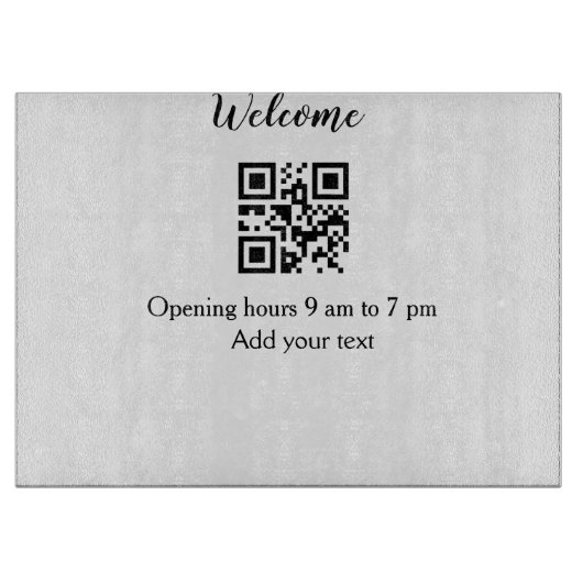 シンプルようこそ開くウェルカムバーコードQR追加の名前 カッティングボード (正面)