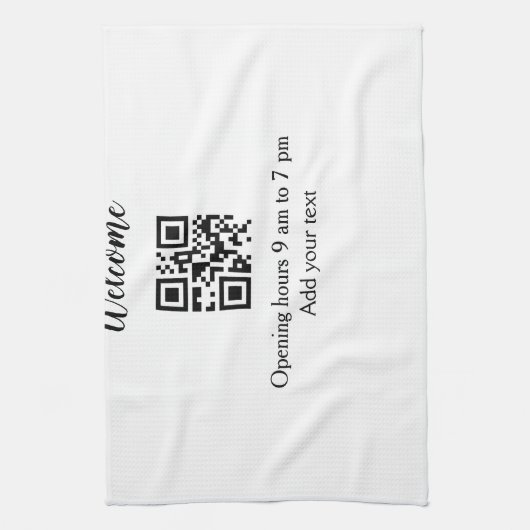 シンプルようこそ開くウェルカムバーコードQR追加の名前 キッチンタオル (縦)