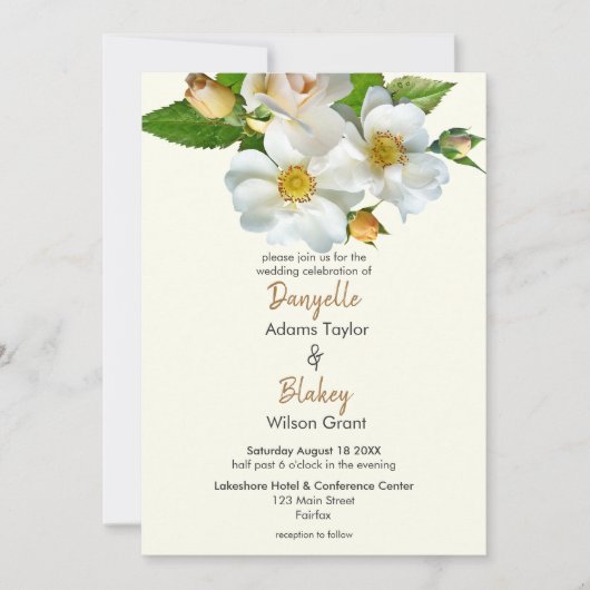 シンプルアイボリーの白い野生のバラモダン結婚の 招待状 (正面)