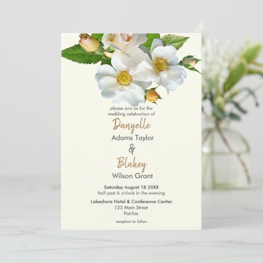 シンプルアイボリーの白い野生のバラモダン結婚の 招待状 (スタンド正面)