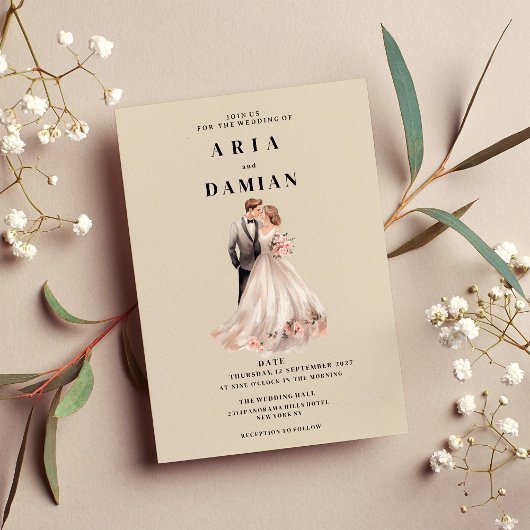 シンプルアイボリーピンクフローラカップル結婚写真 招待状