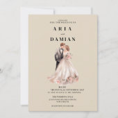 シンプルアイボリーピンクフローラカップル結婚写真 招待状 (正面)