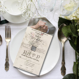 シンプルアイボリーフローラバタフライQRコードフォト オールインワン招待状