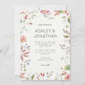 シンプルアイボリー白のタイムレス野結婚花 招待状 (正面)