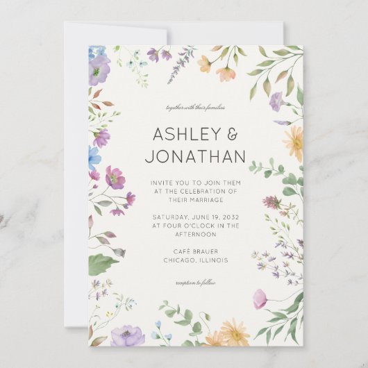 シンプルアイボリー白のタイムレス野結婚花 招待状 (正面)