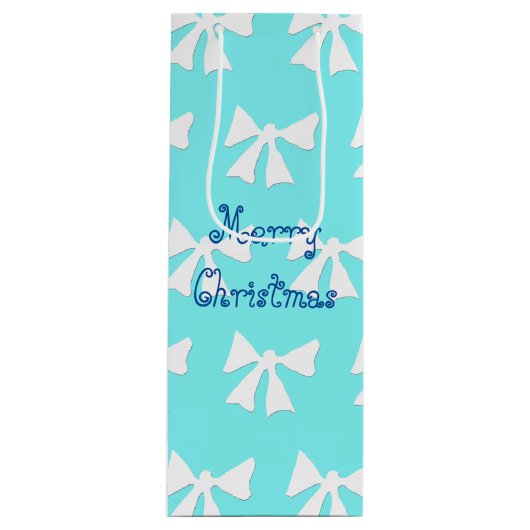 シンプルアクアブルーとホワイトボウパターン抱き枕 ワインギフトバッグ (正面)