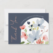 シンプルアルチブルーとピンクのフローラ結婚ズ サンキューカード (正面)