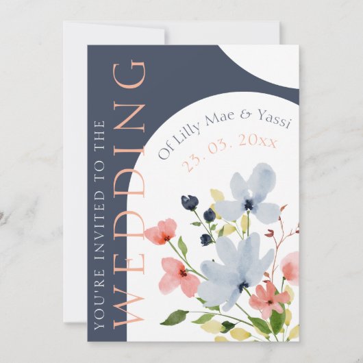 シンプルアルチブルーとピンクのフローラ結婚ズ 招待状 (正面)