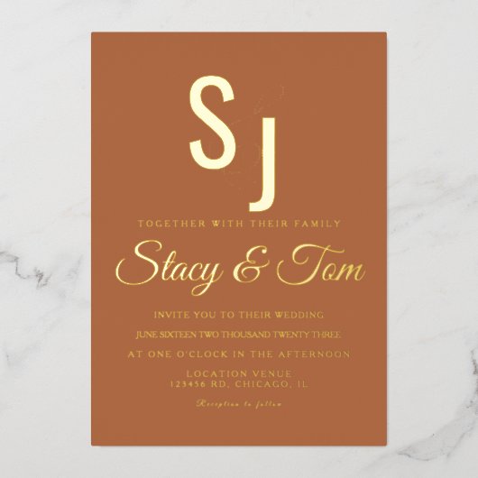 シンプルアンパサンドモノグラムのテラコッタプレス 箔招待状 (正面)