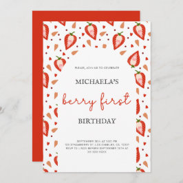 シンプルアーチガールベリーファースト誕生日 招待状